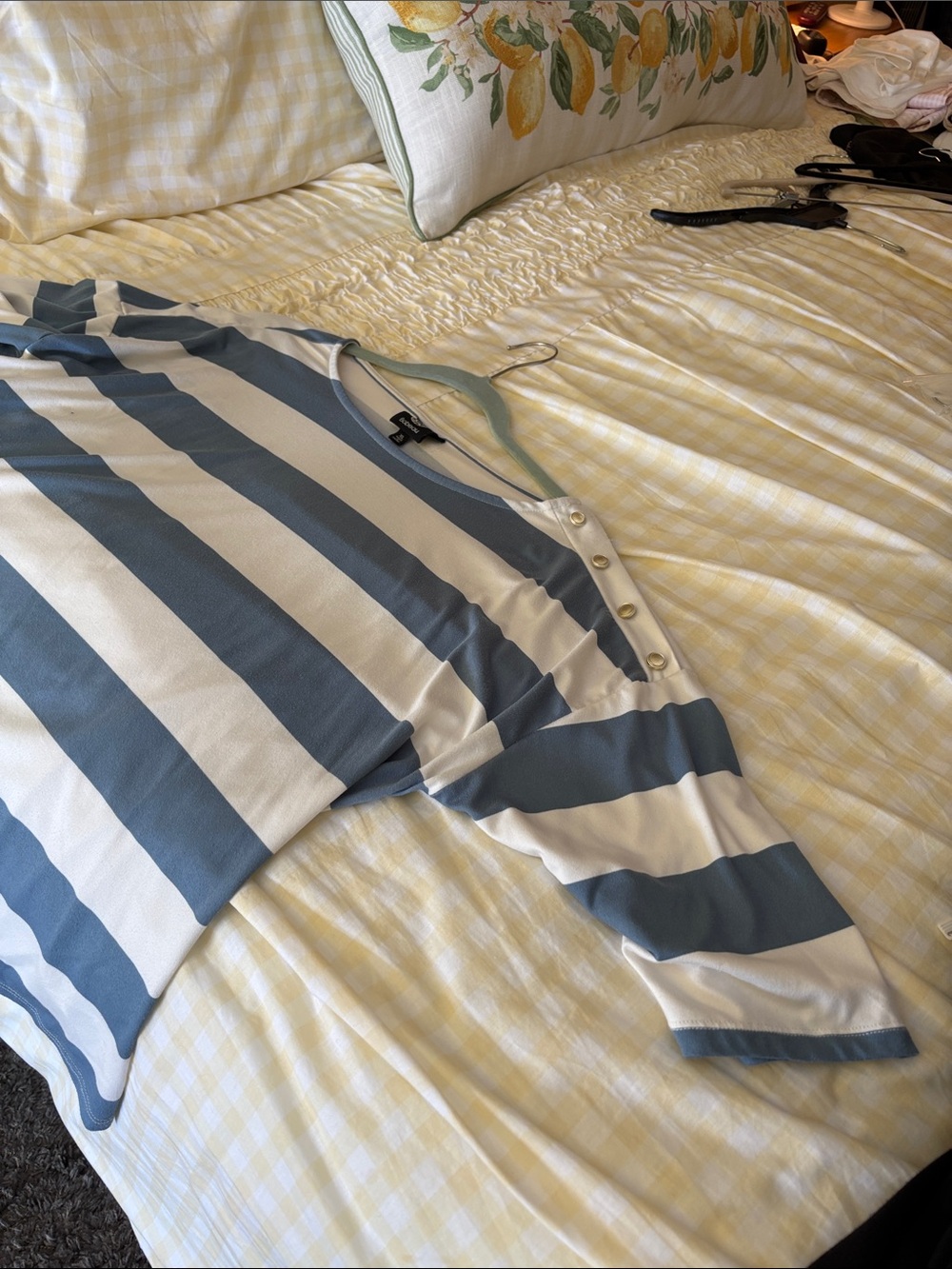 bobeau Blue & White Striped Kids Pajama Top with Shoulder Buttons